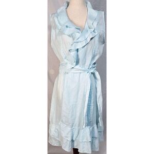 100% Linen Claudio Milano Wrap Dress Light Blue Ruffle Sleeveless A Line
